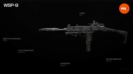 The best Warzone WSP-9 loadout, with attachment names, on a black background.