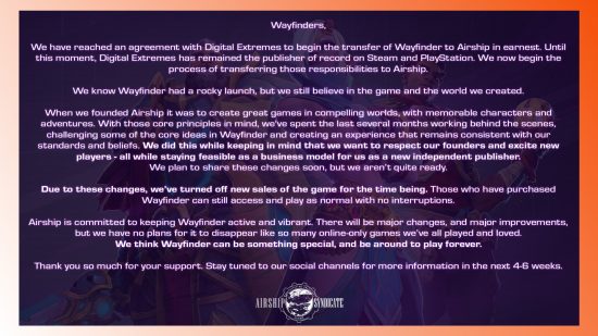 Darksiders-Entwickler erlangen die Kontrolle über das Online-Fantasy-Rollenspiel zurück: Ein Screenshot der Ankündigung von Airship Syndicate, die Kontrolle über Wayfinder wiedererlangt zu haben.