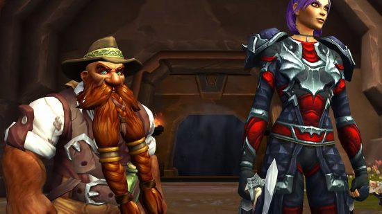 Brann Bronzebeard and a human thug stand in front of a huge door in WoW.