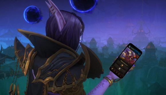 WoW The War Within boots one of Blizzard's most overlooked addons: A purple skinned, long-haired elf woman wearing golden-trimmed armor with violet balls of energy swirling around her looks at an iPhone photoshopped into her hand