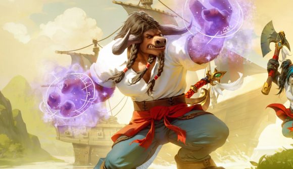 Blizzard "won't stop experimenting" despite WoW Plunderstom backlash: A minotaur with long braided hair wearing a white pirate shirt, blue pants, and a red sash waistband conjures purple magic in its hands, a huge pirate ship behind him