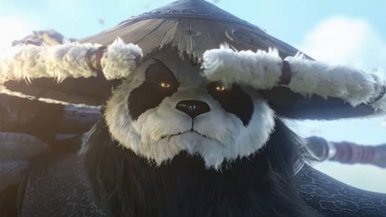 A panda wearing a traditional Asian farming hat looks into the camera, grimacing, a wooden staff perched on its shoulders
