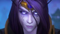 A purple-skinned elf woman with tattoos on her face wearing a golden circlet grimaces into the camera