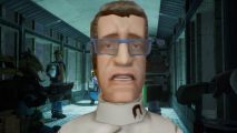 Chaotic Half-Life co-op survival sim slips into early access: A scientist from Abiotic Factor looks on while chaos erupts behind. He doesn't look happy about it.