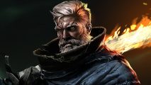 This grim survival RTS drops huge update along with pre launch roadmap: A hero from Age of Darkness stands grimly looking at the viewer, holding a flaming sword, as one does.