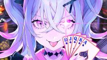 All in Abyss Steam: an anime girl sticks her tounge out while holding up a hand of playing cards
