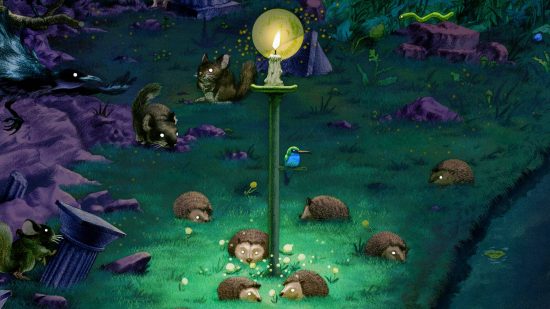 Animal Well Review: A collection of hedgehogs congregate around a lamp in a woodland area, with other animals watching from the shadows