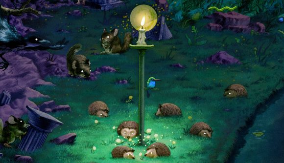 Animal Well Review: A collection of hedgehogs congregate around a lamp in a woodland area, with other animals watching from the shadows