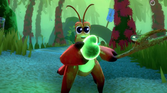 Crab based soulslike succeeds beyond developer's "wildest dreams": The crab from the game stands holding a green glowing item with wonder, surrounded by long strands of kelp.