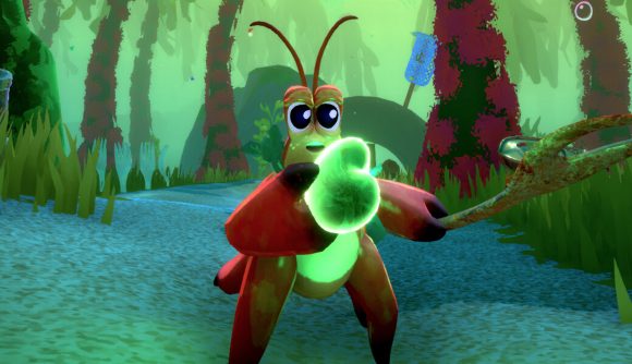 Crab based soulslike succeeds beyond developer's "wildest dreams": The crab from the game stands holding a green glowing item with wonder, surrounded by long strands of kelp.