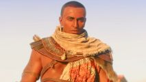 A bundle of almost every Assassin's Creed game is more than $200 off: A man with a shaved head and ancient Egyptian clothing, Bayek from Assassin's Creed Origins.