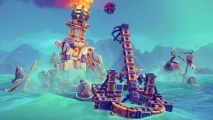 Legendary physics sandbox game gets player bump alongside big discount: A floating trebuchet launches a spiked cannonball at a firey tower, from Besiege.