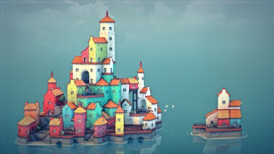 A colorful port town built vertically in Townscaper, one of the best building games.