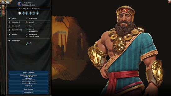 Gilgamesh, leader of the Sumerian Empire, smiles as he delivers an intel report in Civilization 6, one of the best offline games.