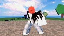 A Roblox man with a red head, white wings, and sword, posing before she slashes.