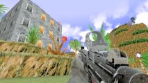 Bizarre new Doom mod turns the FPS classic into Escape From Tarkov: A gloved hand holding a realistic gun and aiming at a cacodemon, from Call of Doom: Tarkov.
