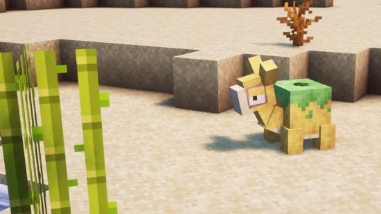 The Pokemon Numel wanders through a desert in the Minecraft mod Cobblemon.