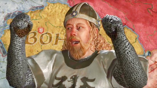 Crusader Kings 3 gets update, huge discount, and free weekend on Steam: A blond bearded knight cheering, Vratislav of Bohemia from Crusader Kings 3.
