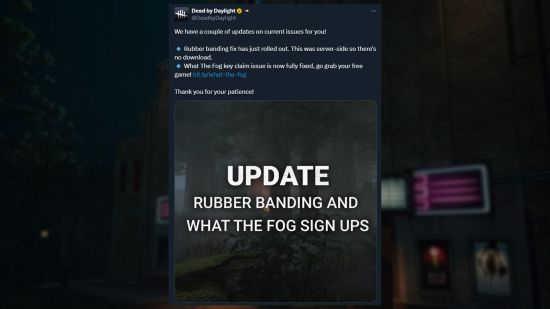 A screenshot from the DBD twitter account stating what's been fixed in today's update.