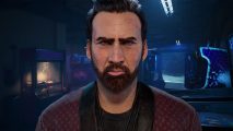 DBD safe to play again with May roadmap teasing future content: Nicolas Cage as seen in Dead by Daylight looks towards the viewer in front of a neon 90s style arcade.