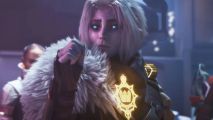 Destiny 2's The Final Shape DLC leaks early, Bungie nukes servers: A silver-haired woman with glowing blue eyes wearing a fur lined coat holds her hand in a wary fist in front of her