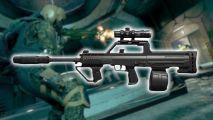 Best DG-58 LSW loadout: a large black machine gun, with a drum magazine and large scope.