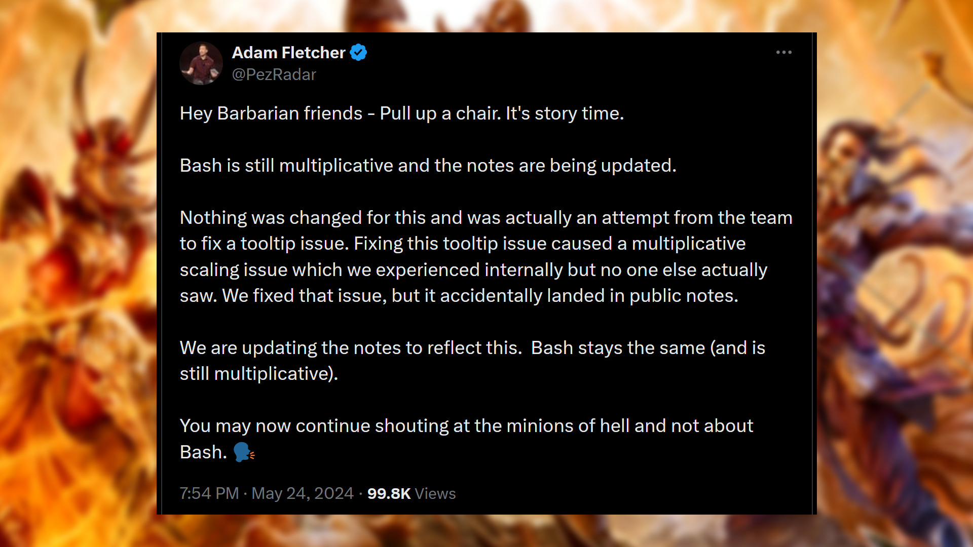 Diablo 4 Bash Barbarian Nerf – Nachricht von Adam Fletcher: 