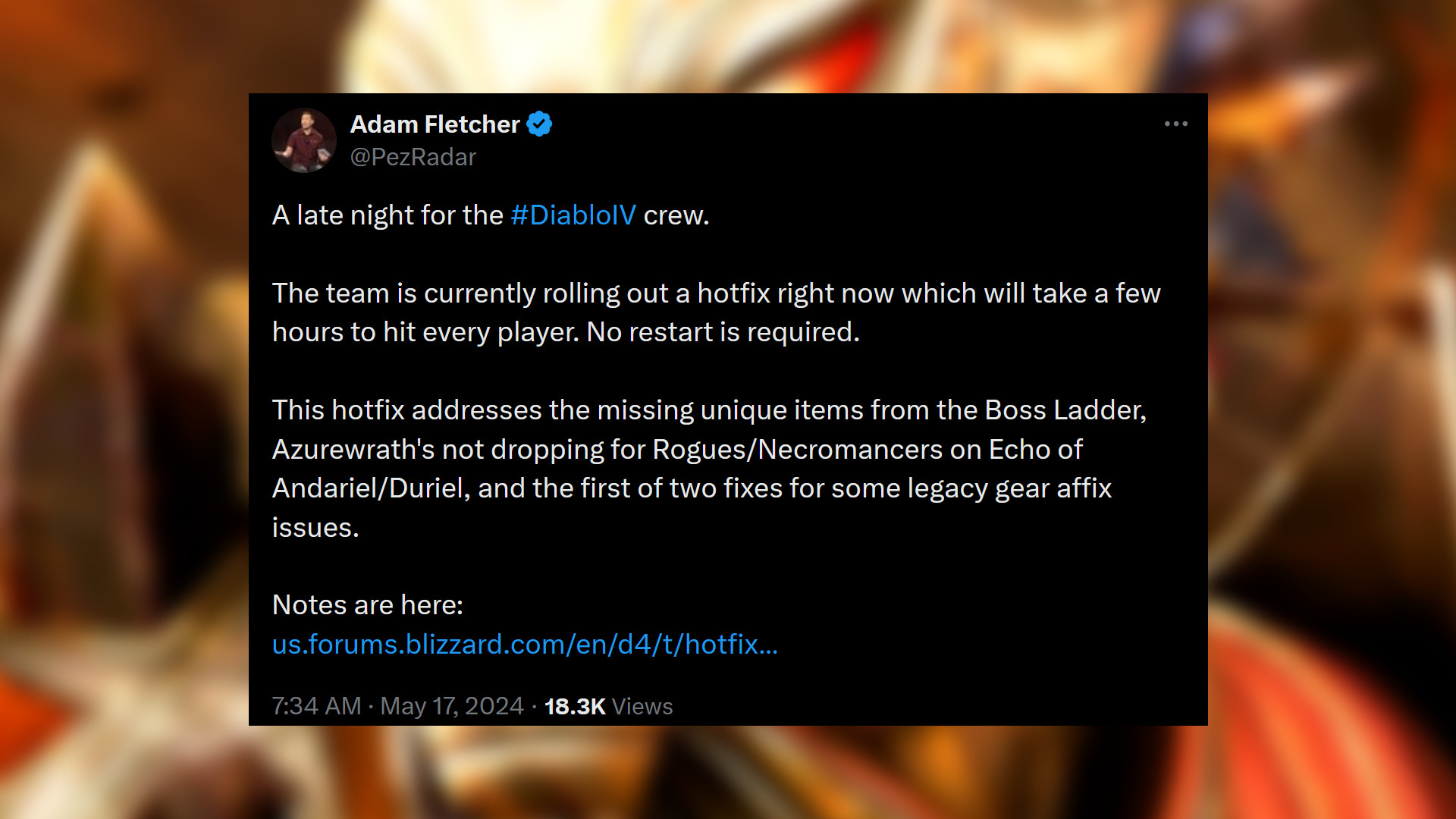 Diablo 4-Hotfix vom 17. Mai – Nachricht von Community-Manager Adam Fletcher: 
