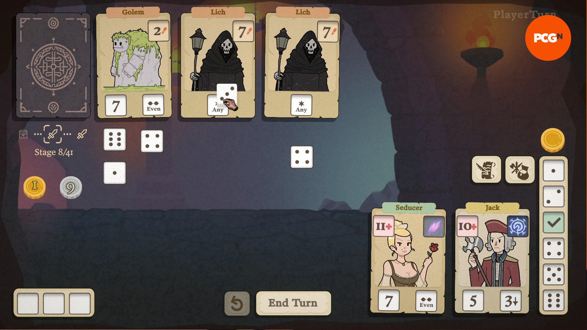 Dice and Fold-Demo – Der Spieler ordnet die Würfel so an, dass sie zu den Gegnern passen, denen er gegenübersteht.