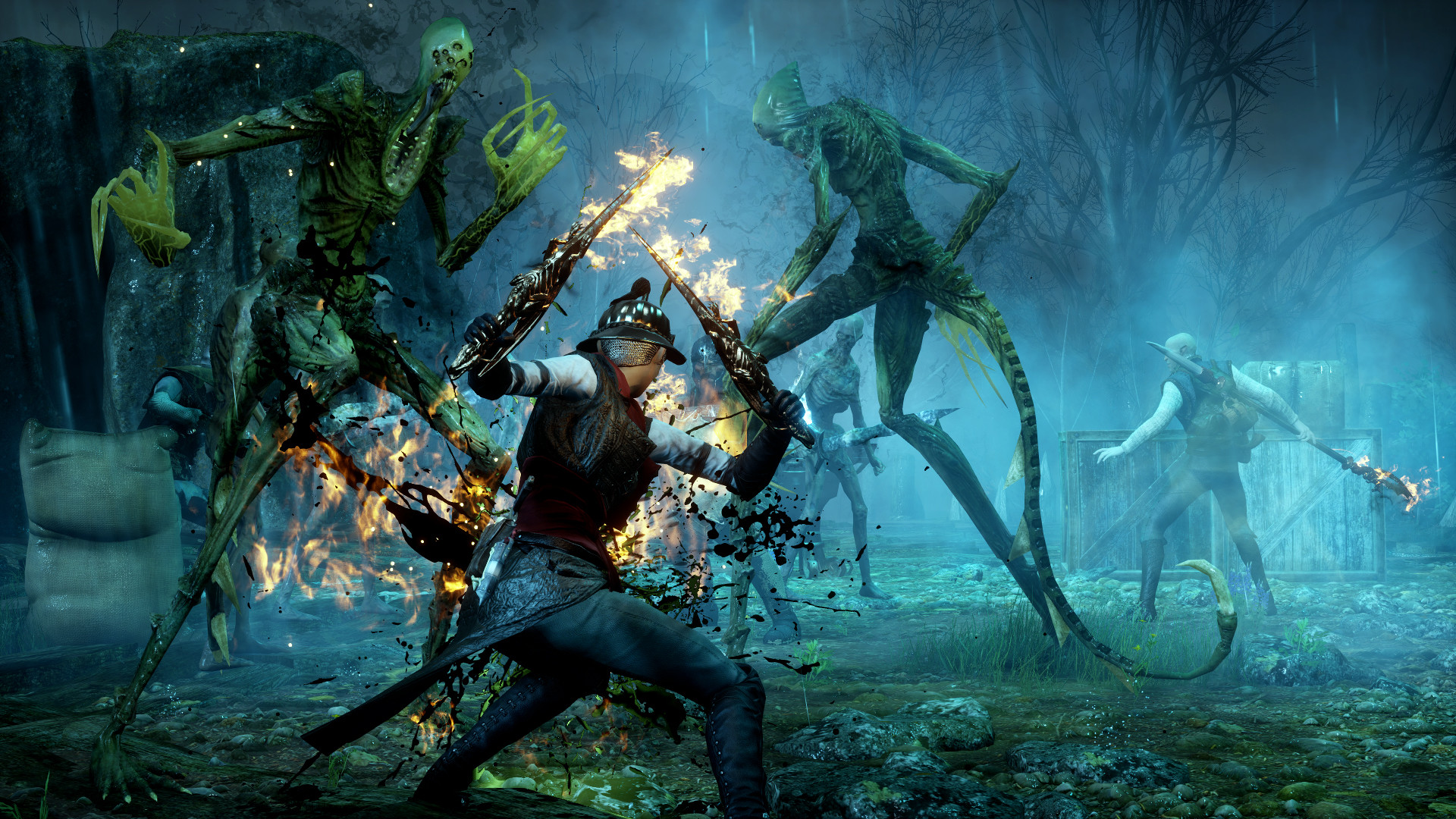 Ein gepanzerter Charakter mit einem flammenden Schwert kämpft in einem dunklen Wald gegen zwei große Dämonen
