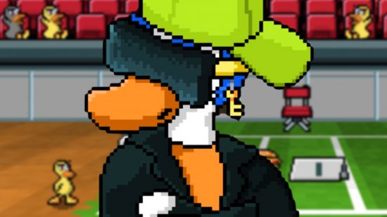 Beloved indie multiplayer icon Duck Game is "safe" after Steam delisting fears - A duck wearing a black jacket, green baseball cap, and large shades.