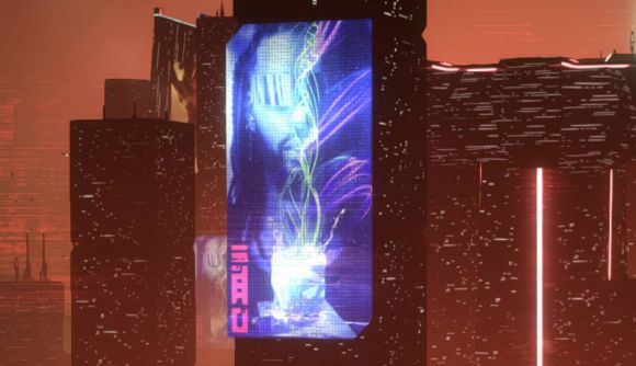 New cyberpunk city builder welcomes you to "the dark side of cozy": A billboard showing a man with glasses surrounded by purple spectral waves, a sprawling metropolis behind it