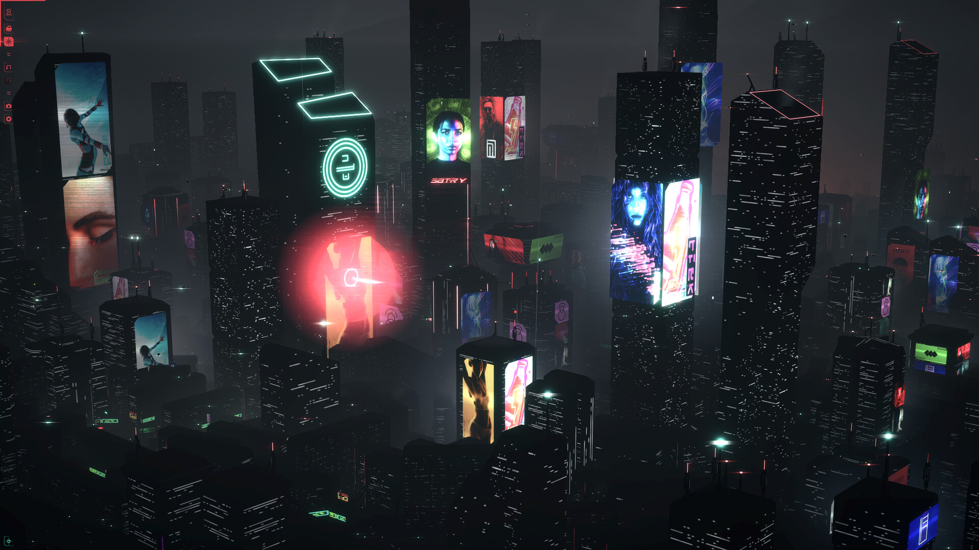 Una oscura ciudad cyberpunk iluminada lentamente por un punto rojo