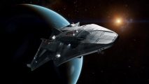 Elite Dangerous launches new ship but only on real money store: The Python Mk II flies past a planet in the depths of space.