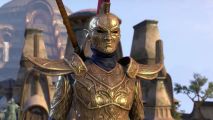 How after ten years ESO is still a "deliciously weird stew": A character wearing ordinator armor stands in front of Vivec's temple.