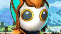 New physics-based Steam Metroidvania game Exographer - A humanoid figure wearing a white-faced helmet with large, grey eyes encircled by gold.