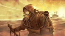 Fallout-inspired cooking game, Cooking Simulator Shelter screenshot showing a character wandering in the wasteland in a gasmask and battered clothes.