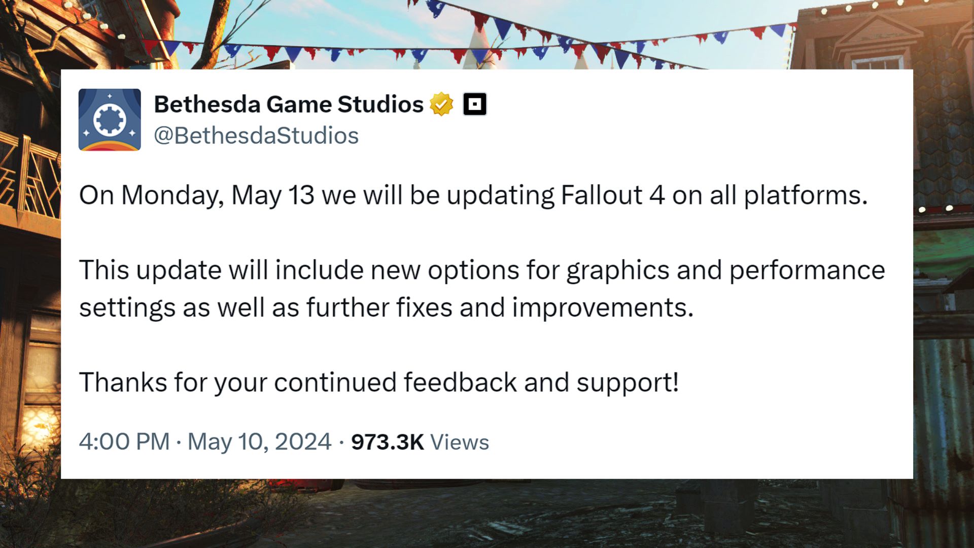 Fallout 4 next gen fix: a tweet from Bethesda promising a Fallout 4 next gen fix