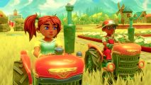 Stardew Valley gets co-op rival in exciting new farming game sequel: A girl with braids and a boy in glasses and a hat ride tractors in a field, from Farm Together 2.