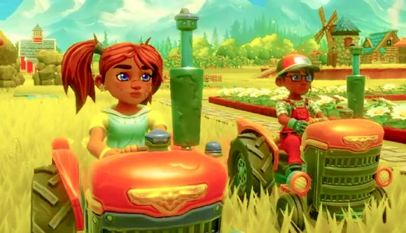 Stardew Valley gets co-op rival in exciting new farming game sequel: A girl with braids and a boy in glasses and a hat ride tractors in a field, from Farm Together 2.