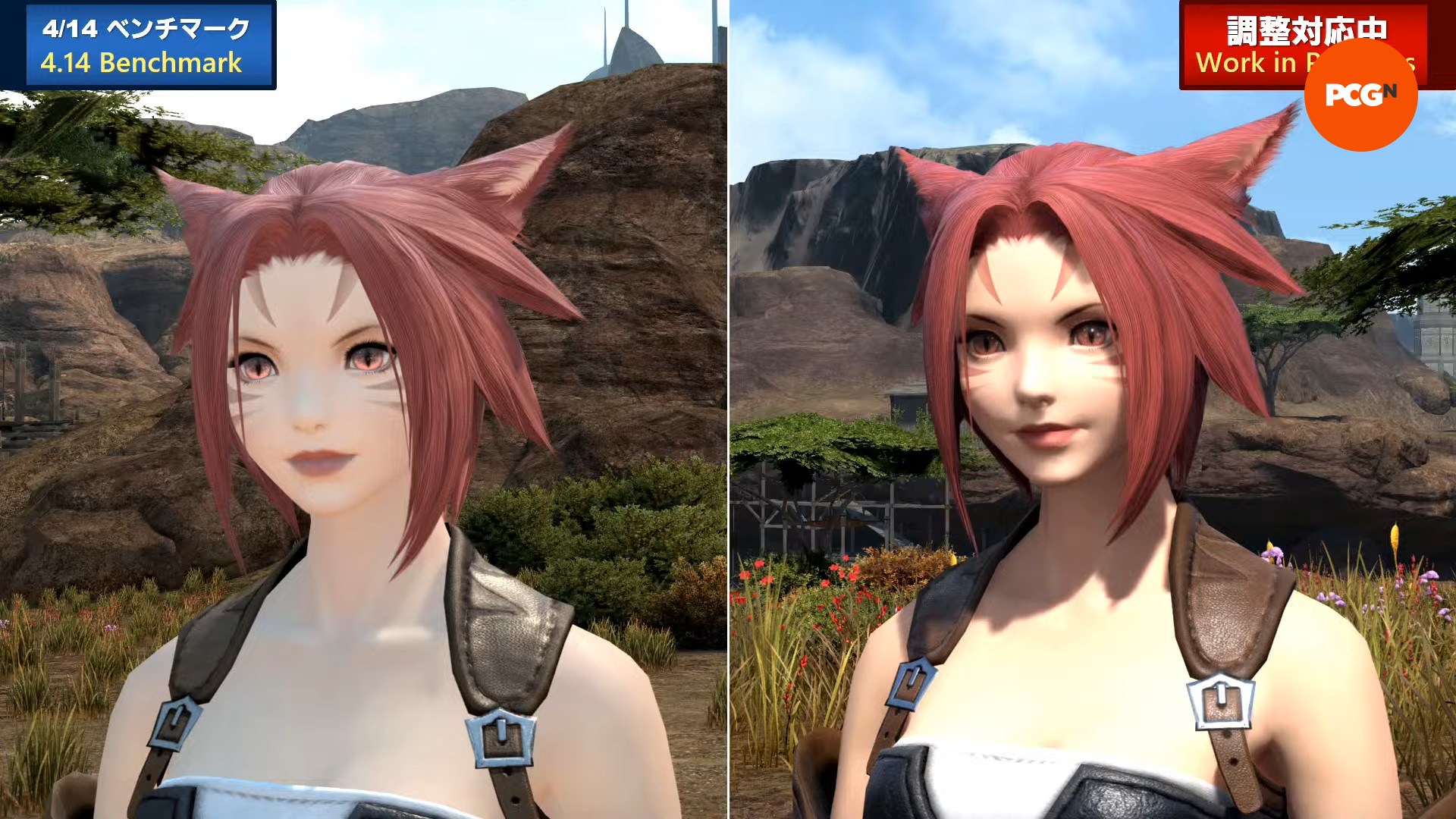 FF14 Dawntrail-Grafikupdate – Vergleich zwischen dem alten und dem neuen Charakterersteller, der das neue Beleuchtungssystem in Aktion an einer weiblichen Miqo'te zeigt.
