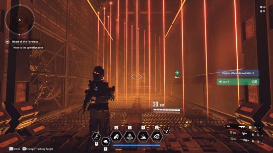 The First Descendant release date: a woman looking at a room filled with orange lasers.