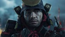 Ghost of Tsushima is currently Sony's fourth biggest launch on Steam: The main character from Ghost of Tsushima looks at the camera, pain visible in his eyes.