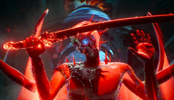 The slickest action game of 2023 is 75% off, for now: A spectral figure with a glowing blue eye raises a huge katana in one hand, another up facing the camera