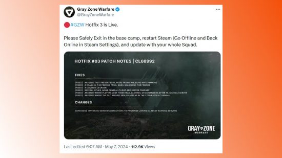 The realistic new FPS blowing up on Steam just got even better: A screenshot of Gray Zone Warfare's X post detailing bug fixes.