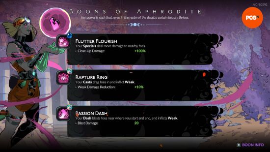 A selection of Aphrodite's Hades 2 boons.