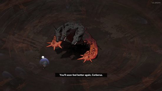 Hades 2 bosses: an overhead view of a giant dog-like monster with three heads.