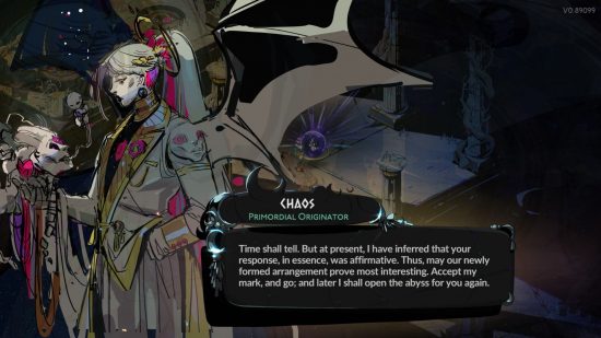 Hades 2 gods: Chaos stands, holding their own head, with huge bat-like wings