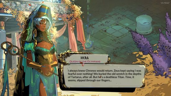 Hades 2 gods: Hera has a green feathered outfit and light grey hair