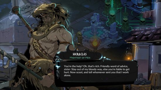 Hades 2 gods: Heracles is a large man with impressively long hair and beard, and covers his head with a bear skin